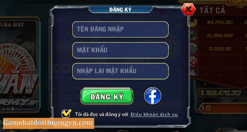 Biểu mẫu đăng ký tài khoản tại hệ thống cổng game bài