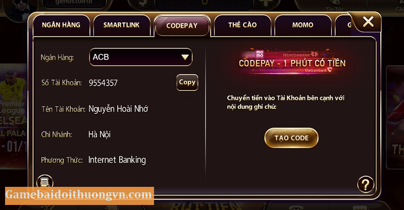 Nạp tiền tại cổng game bài chất lượng qua Codepay