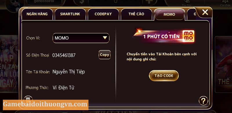 Nạp tiền chơi đánh bài online qua Momo