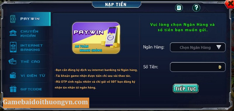 Nạp tiền nhanh qua phương thức Paywin