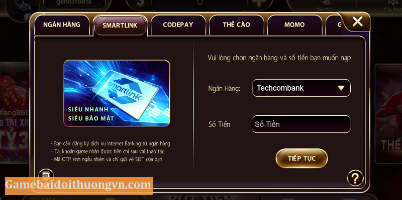 Nạp tiền tại cổng game bài uy tín qua Smartlink