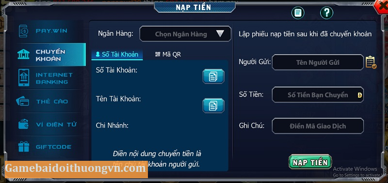 Nạp tiền qua phương thức chuyển khoản nhanh