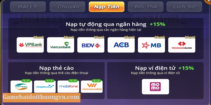 Các hình thức nạp tiền vô cùng tiện lợi