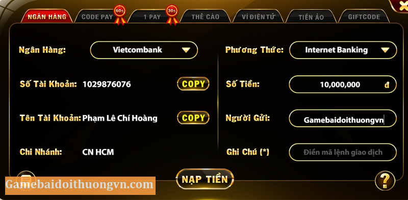 Nạp tiền vào tài khoản tại cổng game bài uy tín Vip37VN Fun nhanh chóng