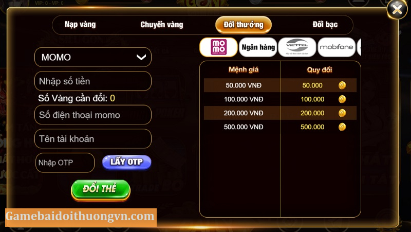 Rút tiền từ tài khoản game về momo đơn giản