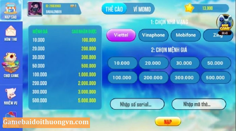 Nạp tiền thẻ cào rất thông dụng và phổ biến tại cổng game