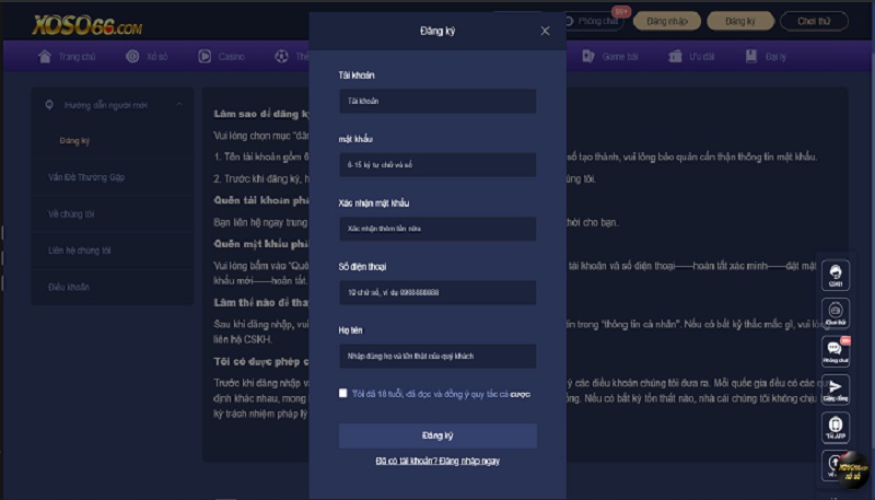 Thực hiện đăng ký tài khoản chơi cược Xoso66 